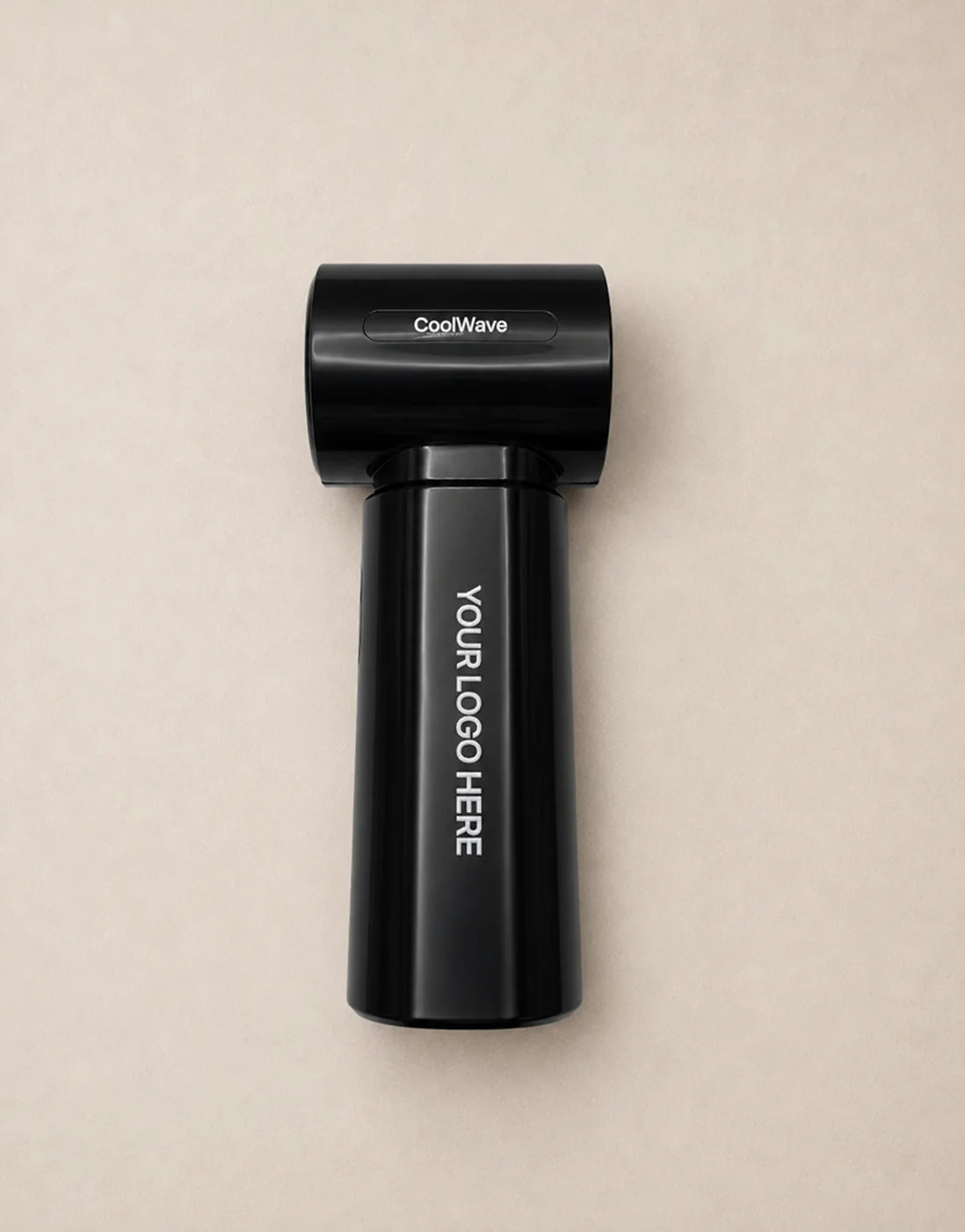 CoolWave handheld fan with a custom logo printed on the body